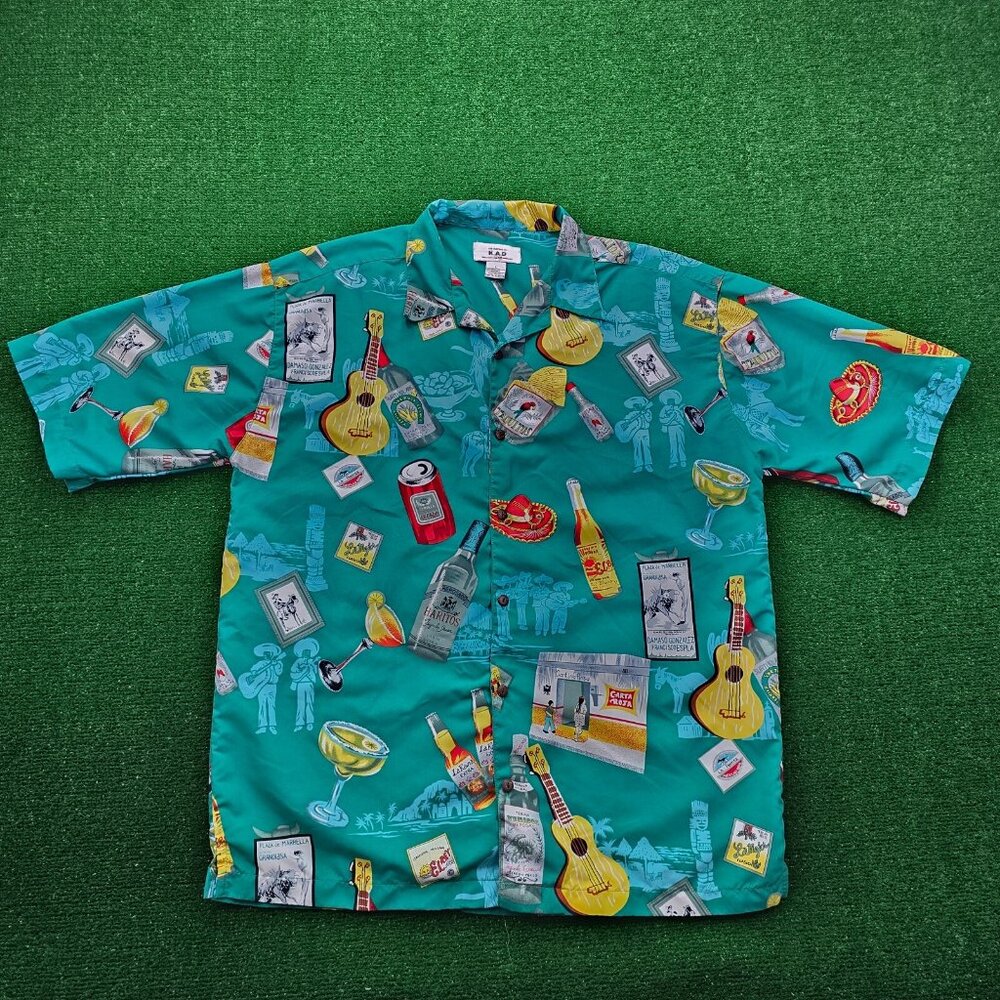 KAD Clothing Shirt Mens Large Green Teal Vintage Hawaiian Mexico Beers Beach AOP